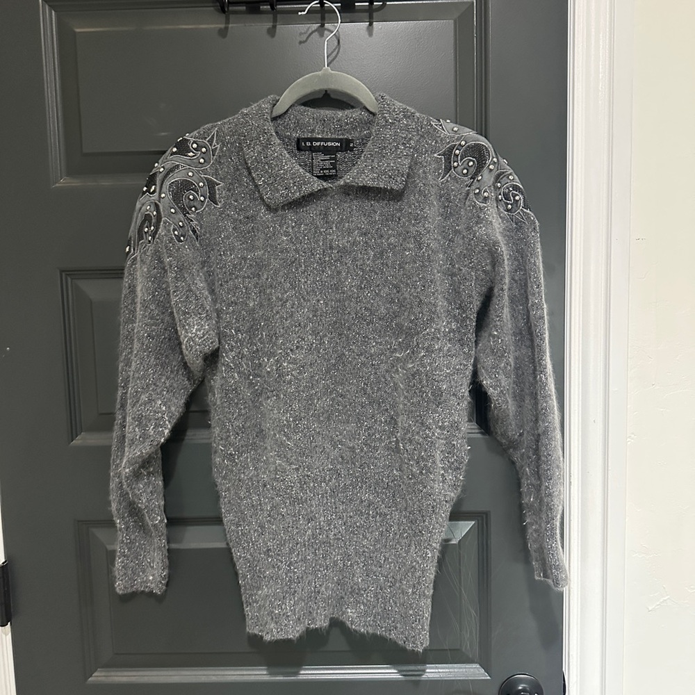 Silk and Wool Gray Embellished Sweater